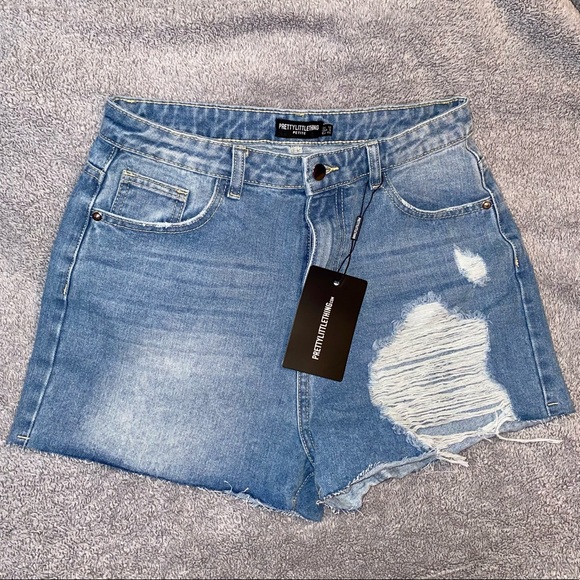 NEW Pretty Little Thing Blue Denim Distressed Shorts - Picture 1 of 8